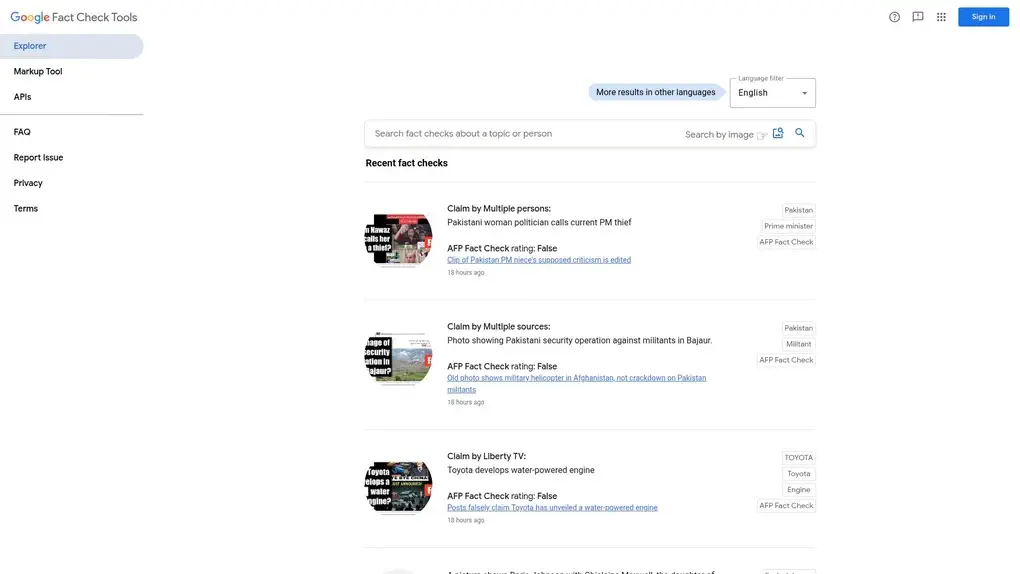 Google Fact Check Explorer screenshot